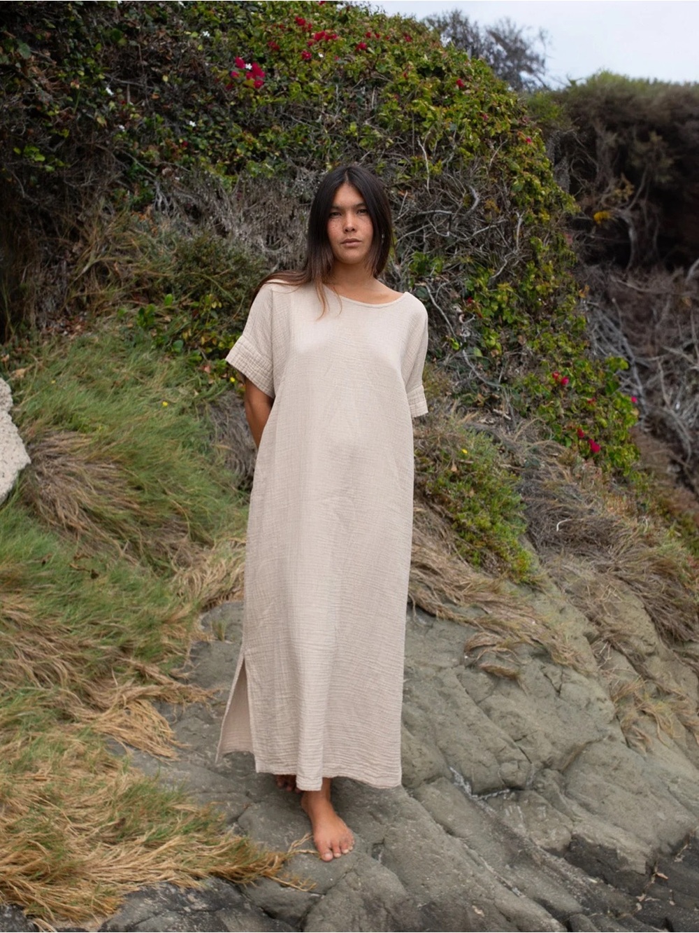 HONEST COTTON Laguna Midi Dress Womens OS Ecru Gauzy Boho Beach Coastal